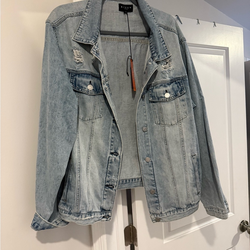 NWT Risen Distressed Denim Trucker Jacket